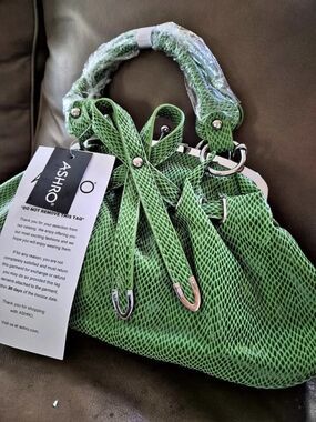 Crossbody Handbag Ashro Green Snakeskin Satchel Kiss Lock Bow Accent Cover New